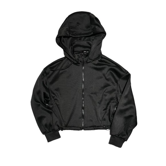 NEW Zara Women's Cropped Hooded Bomber Jogger Jacket Black - Picture 9 of 12